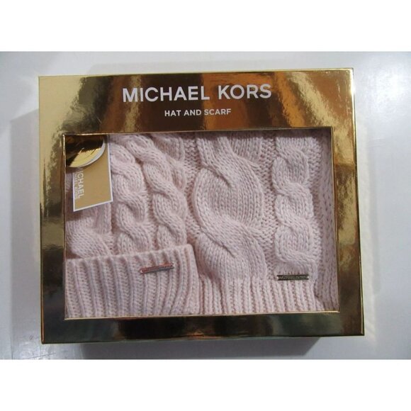 MICHAEL KORS 2 Piece Gloves Scarf and Hat Light Pink Gold Emblem NWT IN BOX NEW - Picture 1 of 2